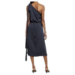 Amylynn One Shoulder Satin Midi Dress with Shoulder Bow in Navy Medium NWT