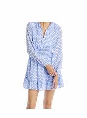 AQUA Long Sleeve Smocked Mini Dress polka dot cornflower purple blue Preppy