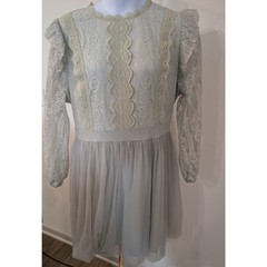 1052 – Lace Dress Sheer Puff Sleeve MInt green with Gray Tulle Size 3XL