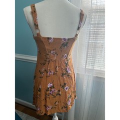 American Eagle Floral Button Front Mini Dress Mustard Yellow XS Smocked Back