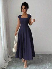Elegant Square Neck A Line Dress Women Slim Fit Formal Evening Midi Dress
