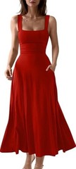 OYS Womens Casual Corset Dress Square Neck Sleeveless Flowy Maxi Pockets LARGE