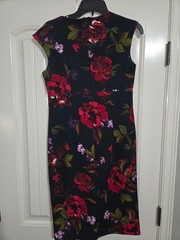 Enfocus Studio Floral Sheath Dress Size 6 Navy Red Rose Print Career Cocktail
