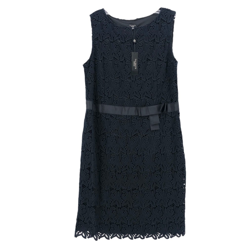 NWT TALBOTS Black Crochet Overlay Sheath Dress Bow Classic Size 14