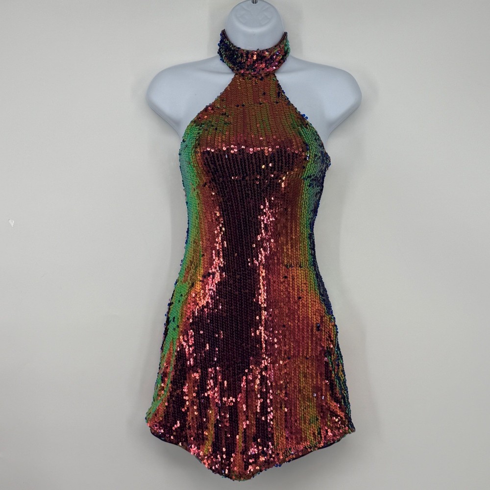 Current Mood Dolls Kill Sequin Halter Mini Dress Iridescent Purple Green XS