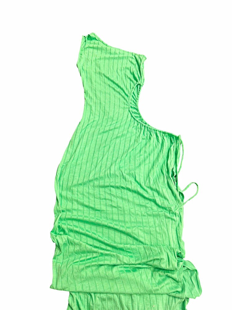 Green Solid One Shoulder Ribbed Knit Maxi Dress S Asymmetric Tie Accent