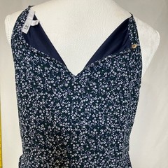 DR2 Dress Womens Navy, Green & White SZ S Midi Ditsy Floral Jewel Neck Tiered