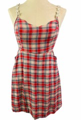 Small Alythea Junior Women&rsquo;s Red Plaid Dress Pockets Open Back Lined