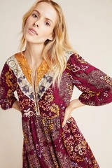 Anthropologie Maeve Embroidered Silky Midi Dress L NWT Ethnic Peasant Pockets