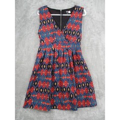 Iska London Dress Womens 12 Pleated Ikat Western Boho Tie Back Back Zip Red
