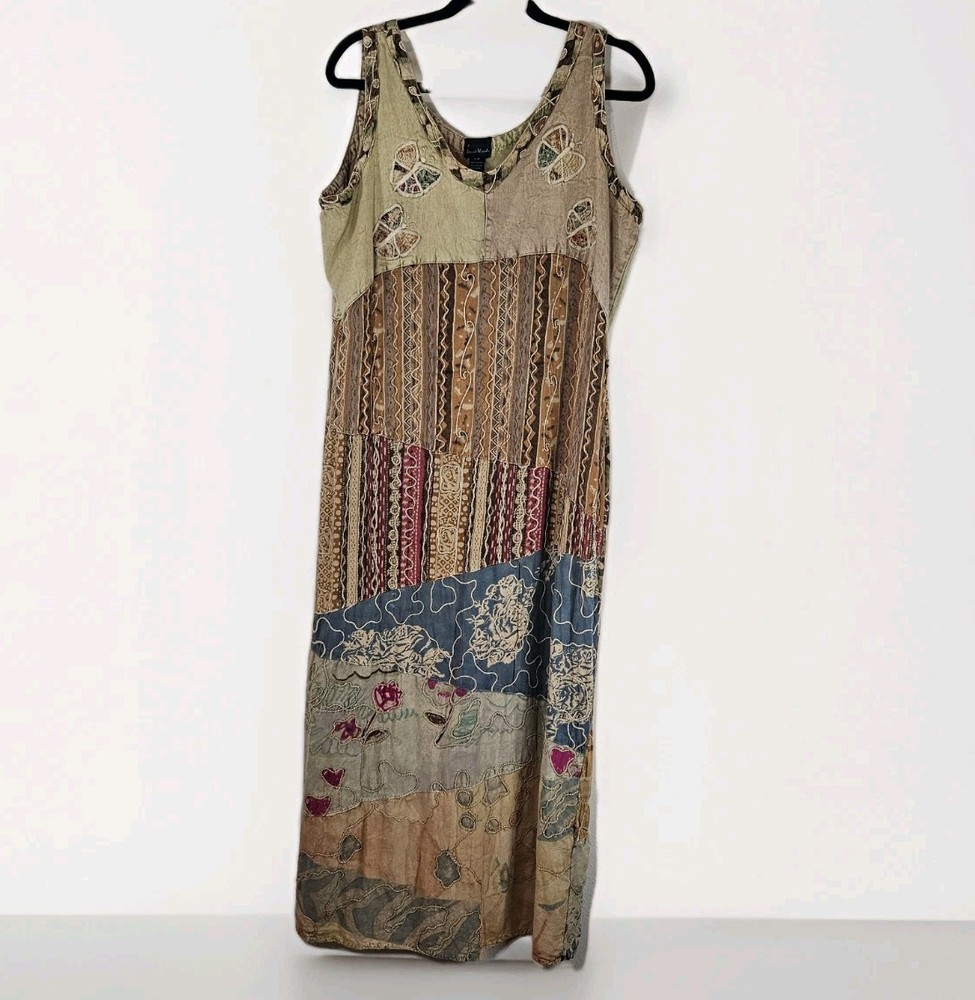 Sacred Threads Womens Patchwork Maxi Dress M/L Butterfly Hippie Artsy Lagenlook