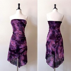 Vintage Y2K Strapless Asymmetrical Dress Medium Velvet Florals Tie Dye Fairycore