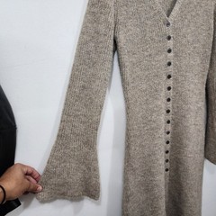 Commense Stacking V-Neck Split Breasted Knit Sweater Dress Beige Bell Sleeve SML