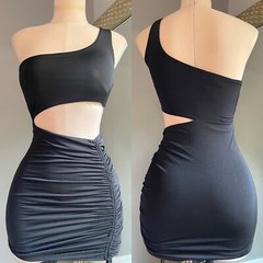 New Sexy One shoulder Cut Bodycon double layered cocktail club Mini dress Blk L