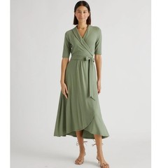 Quince Tencel Jersey Midi Wrap Dress Sage Green Short Sleeve- Size Medium