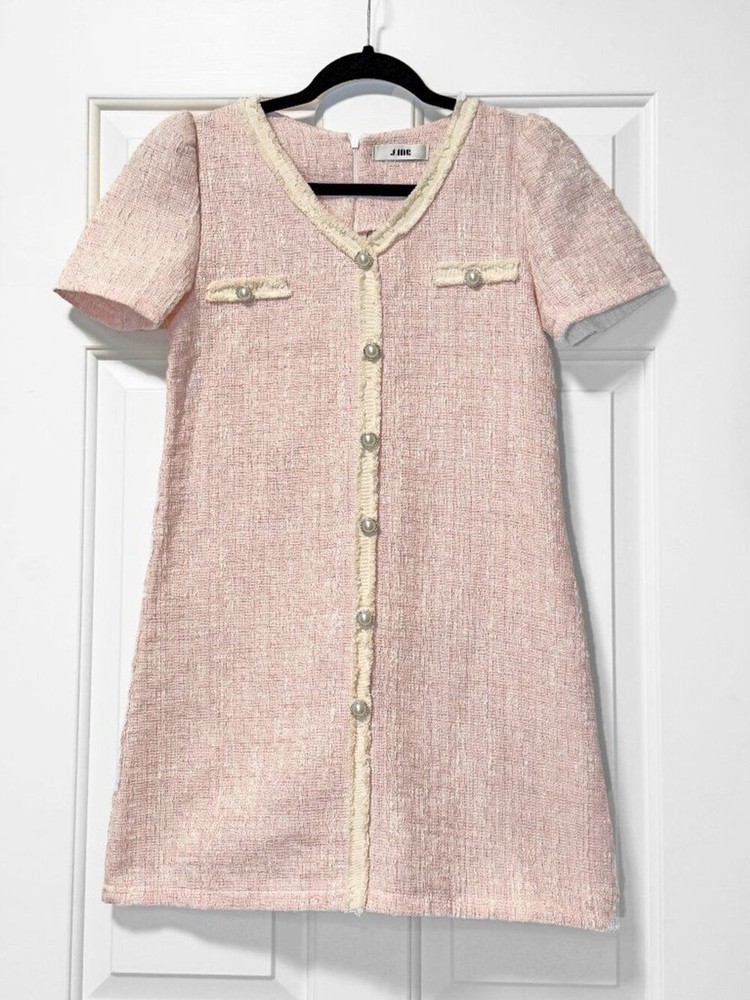 J.ING Pink Faux Pearl Button Mini Dress Tweed Fringe Size S/M No Stretch