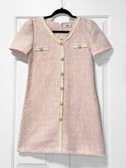 J.ING Pink Faux Pearl Button Mini Dress Tweed Fringe Size S/M No Stretch