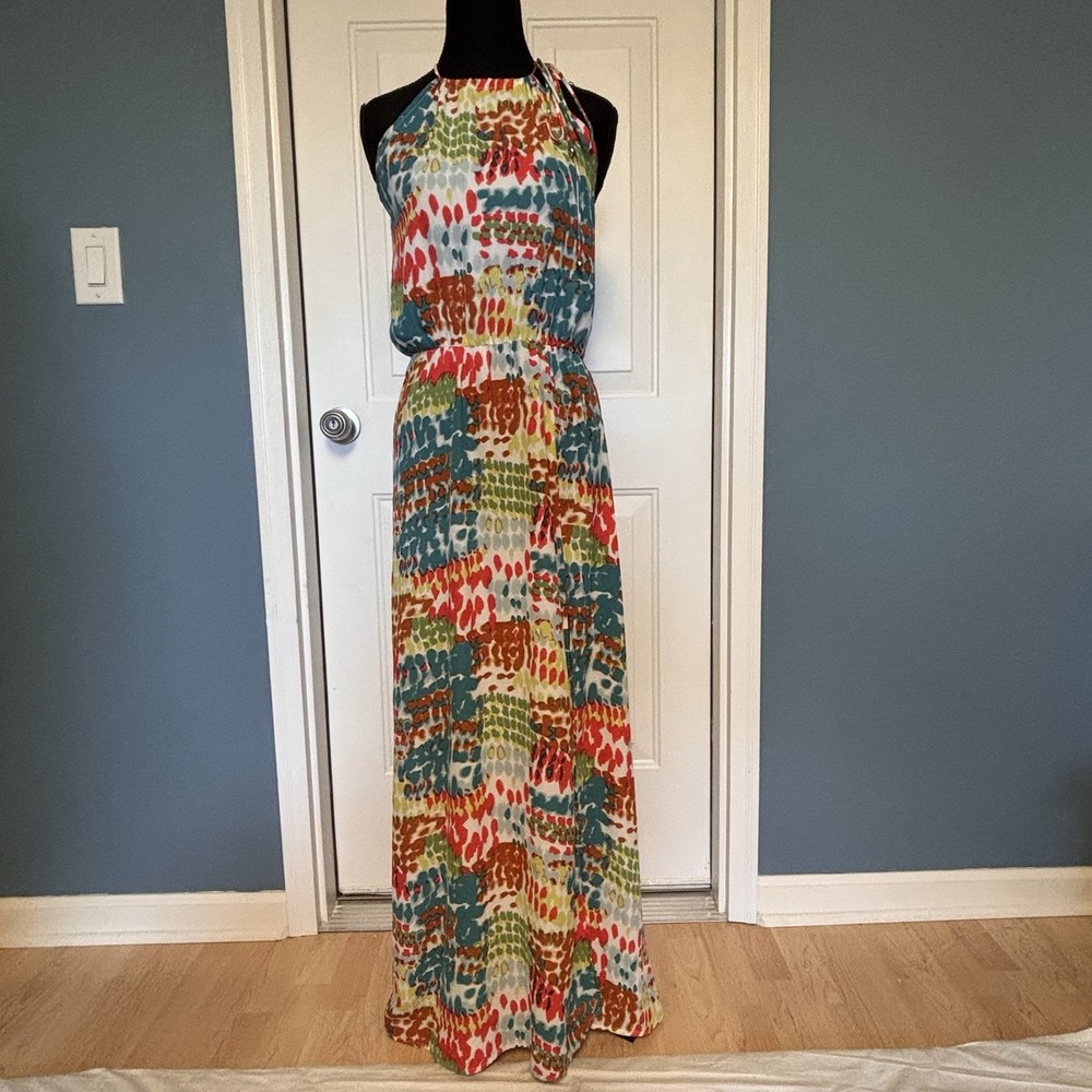 Lovestitch Small Multicolor Halter Elastic Waist Side Slit Maxi Dress Boho Flowy