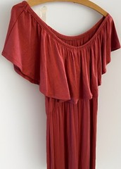 Mother Bee Maternity Off-the-Shoulder Ruffle Maxi Dress – Papaya Pink – Size M