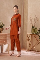 Women Rust Brown Cotton Flex Co-Ord Set Embroidered Top Pant Set