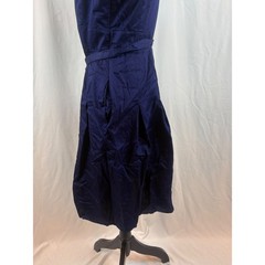 Navy Blue Sleeveless Wrap Dress Notched Lapel Pleated Skirt with Belt Pockets