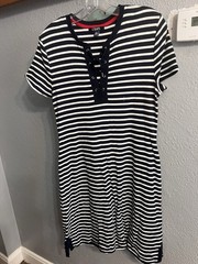 Chaps T Shirt Dress Blue White Striped Size Large Lace Up Women