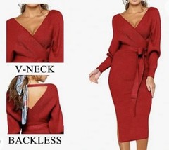 V Neck Belted Midi Sweater Dress Sz M Batwing Long Sleeve Red Backless Holiday