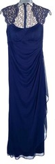 XSCAPE Navy Metallic Tonal Semi-Sheer Lace Chiffon Ruffled Cascade Gown Dress 6