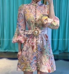 NWOT $950 Zimmermann Illustration Buttoned Belted Floral Linen Mini Dress AU1 S