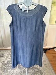 Lina Tomei Chambray Sequin Neck Shift Dress Size L– made in Italy – 100% tencel