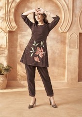 Women Brown Cotton Flex Co-Ord Set Embroidered Wark Kurti Pant Set Ethnic Wear