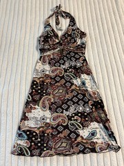Vintage Y2K/90s Halter Boho Hippie Paisley Beaded Midi Dress Women’s Small Brown