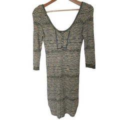 Free People Sunrise Dress Medium Green Knit Bodycon Mini Boho Cotton 3/4 Sleeve
