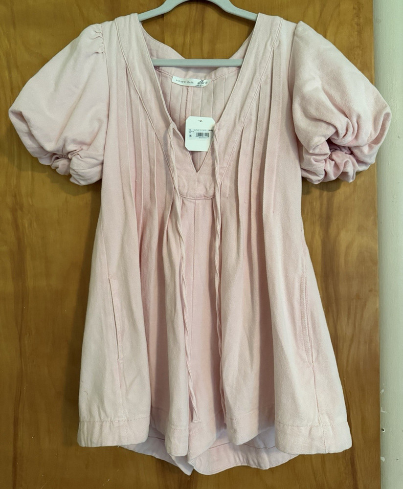 Altar&rsquo;d State Pink Pleated Puff Sleeve V-Neck Woven Mini Dress S