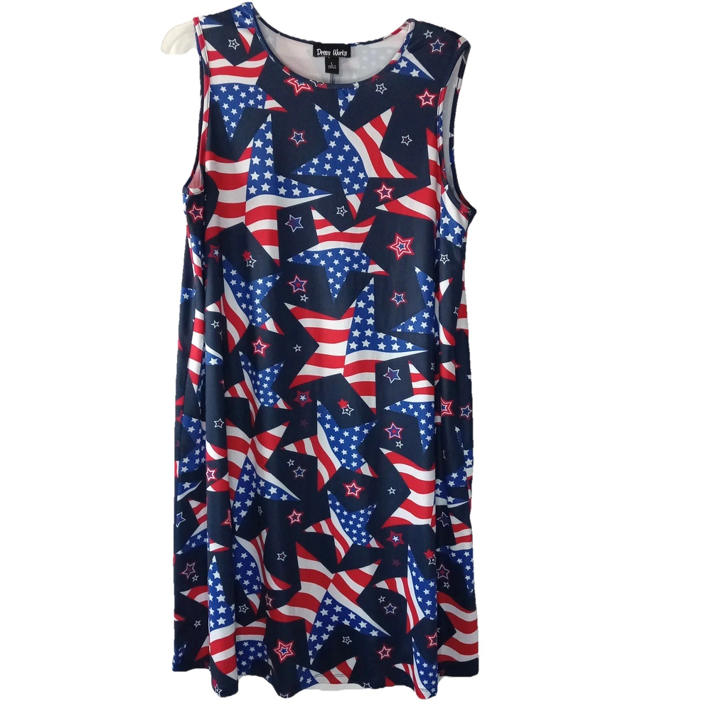 Patriotic Sleeveless Dress Womens Size L Red White&Blue USA Summer 250th Holiday