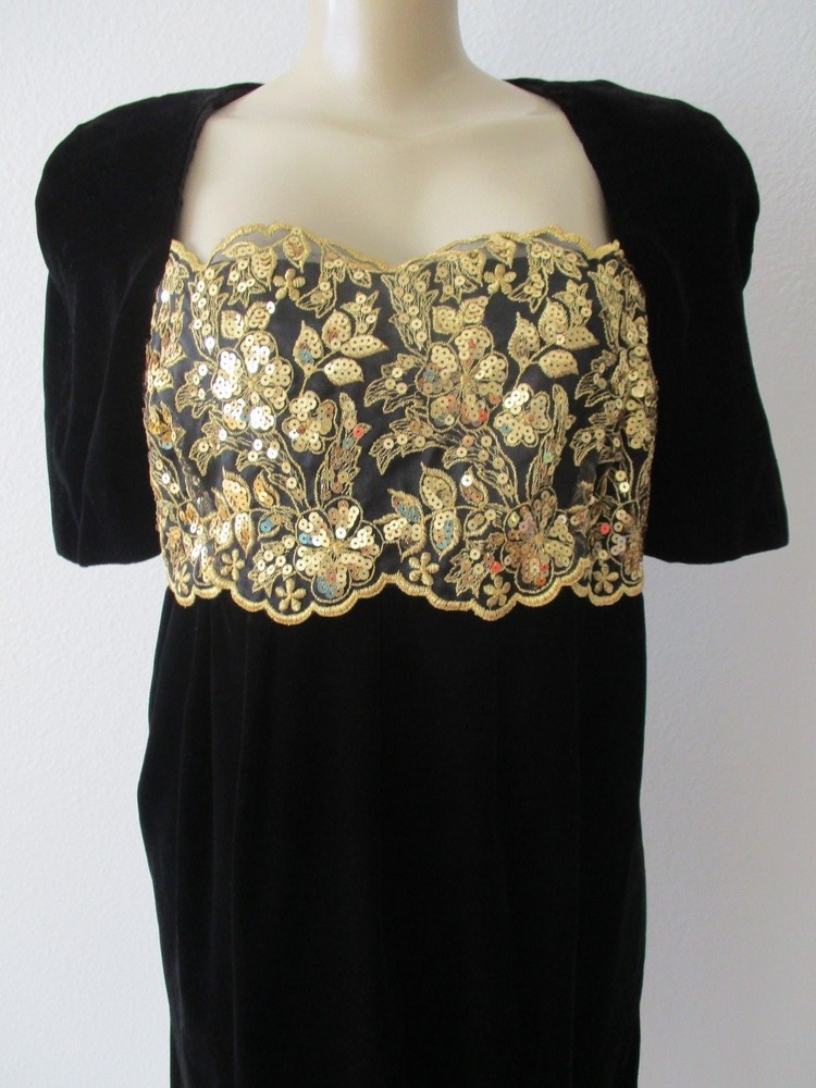 DATIANI BLACK & GOLD FLORAL SEQUIN PRINT SHORT SLEEVE DRESS SIZE 12