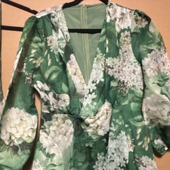 Green White Floral V-Neck A-Line Short Tie Belt 3/4 Sleeve Dress S