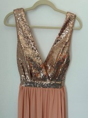 Lulus Elegant Encounter Rose Gold Sequin Maxi Dress Bodice Peach