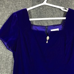 Vintage After Dark Dress Womens 14 Petite Blue Velvet Short Sleeve Made USA 90s