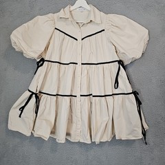 Sofie the Label Tiered Dress Womens Puff Sleeve Button Front Size M Medium Beige