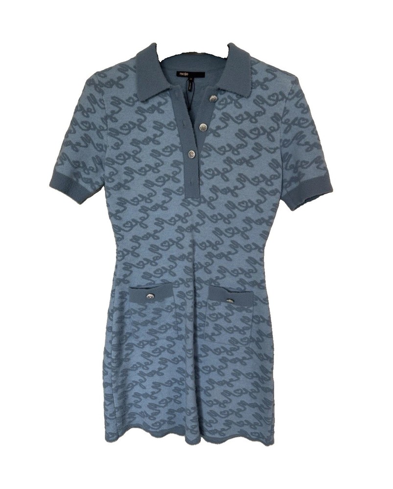Maje Blue Knit Collared Button-Front Short Sleeve Shirt Dress Logo Size S 36
