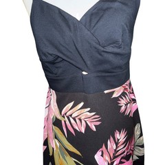 Cabi Beach Club Dress Medium Black Pink Tropical Floral Surplice Midi 5384 Vacay