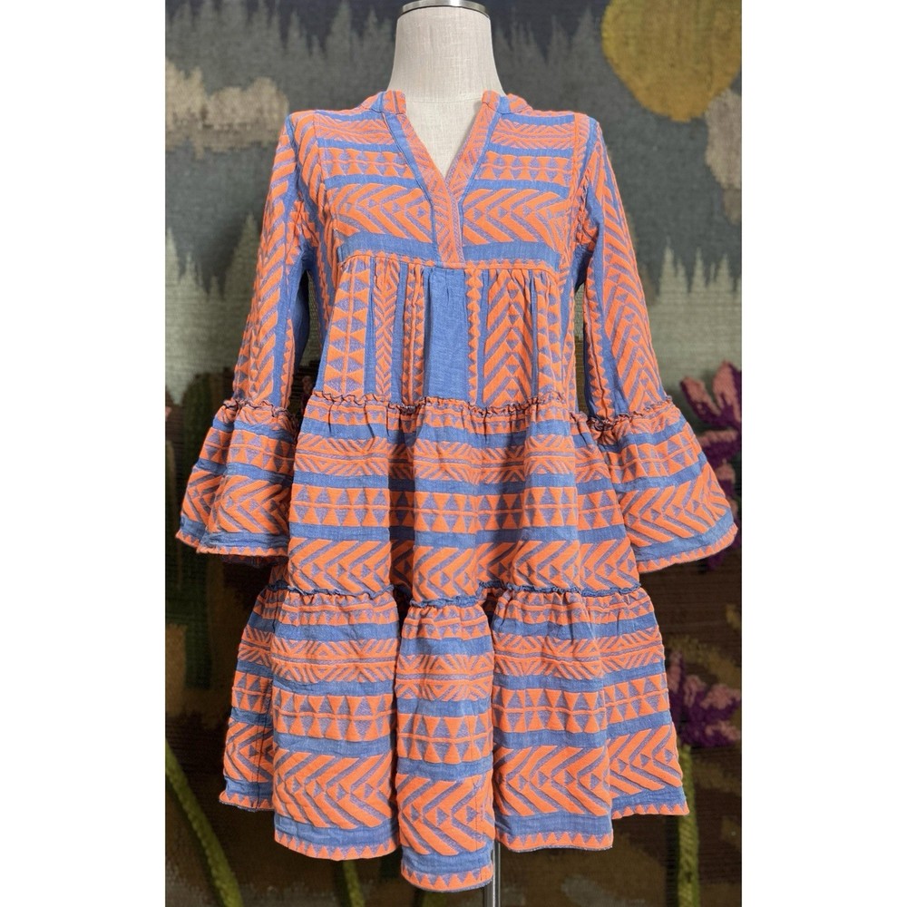 Devotion Twins Embroidered Orange Chambray Blue Embroidered Mini Dress XS