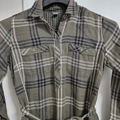 Eddie Bauer Green Plaid Soft Flannel Shirt Dress Size 6 Belted Side Pockets VGUC