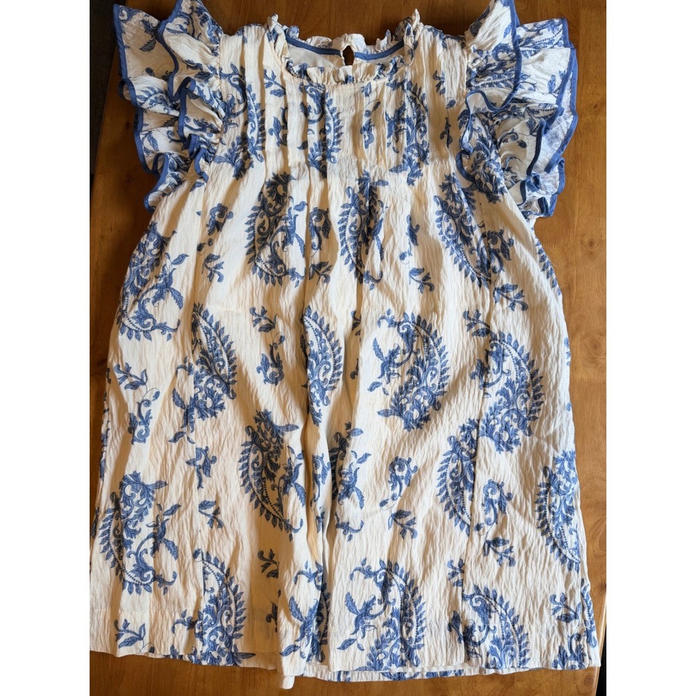 Umgee Blue White Paisley Flutter Sleeve Mini Dress Medium Ruffle Neck Lined