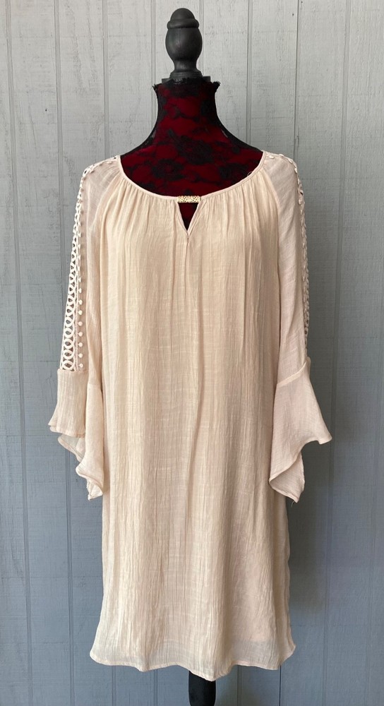 INDIGO ROSE Beige Casual Gauzy Type Dress Fully Lined Lace Sleeves Women&rsquo;s L