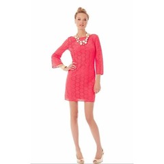 Lilly Pulitzer Coral Pink Lace Shift Dress 3/4 Bell Sleeve Crochet Mini Small