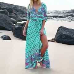 Women&rsquo;s Casual Sundress Boho Beach Slit Long Maxi Floral Summer Beach Dress