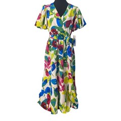 NWT London Times Floral Wrap Midi Dress Cream Multicolor Short Puff Sleeve US 8