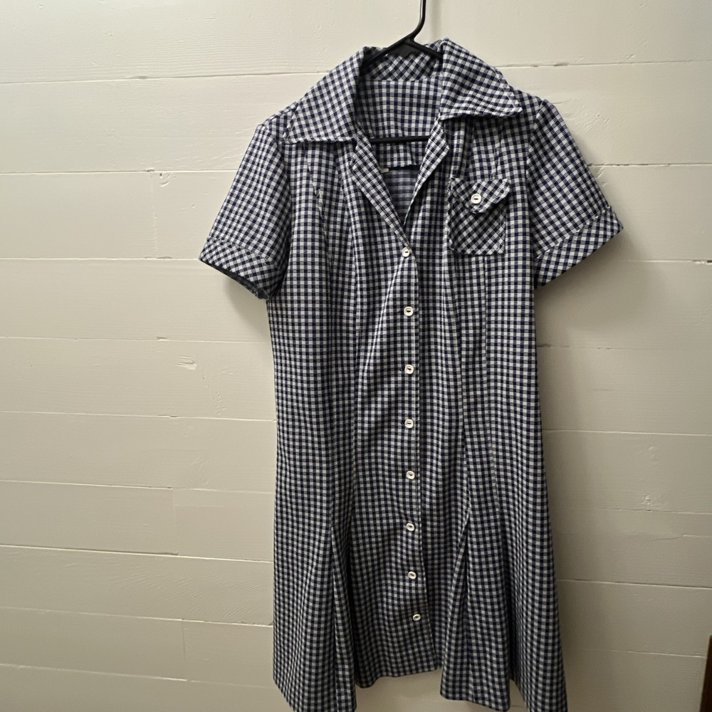 Authentic 60s House Dress Polyester Drop Waist With Pleats Blue/White Checked !